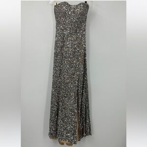 BG Haute 100% Silk Silver Sequined Gown Dress Strapless Slit Womens 2 FLAW